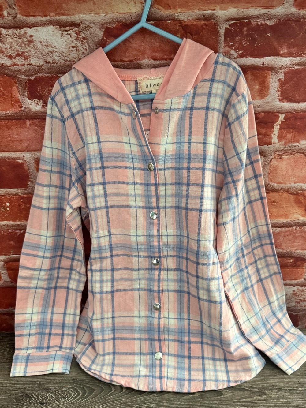 Btween Girls Hoodie Shirt Plaid Pastel Pink Blue Snap Front Size 12 NWT